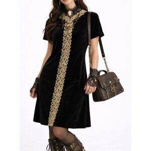 Handmade Black Velvet Gold Lace Dress Steampunk Victorian Whimsy Goth Regency 
M